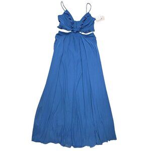 Chiffon Maxi Dress Lovely Lux Sz 10 Gown Dusk Blue V- Neck Cut Outs Prom Wedding
